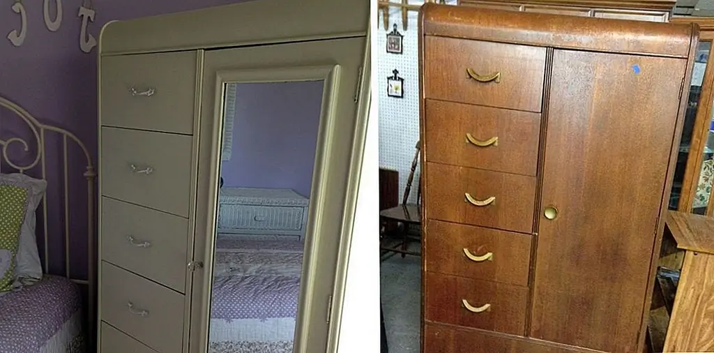 В гардеробе на маленьком городке не было зеркала, поэтому он был добавлен к его дизайну. Кусок был в хорошей форме, за исключением нескольких царапин, но ничего, что невозможно было восстановить. После того, как зеркало было прикреплено к двери, было выбрано новое оборудование. Классические выдвижения ящиков были загрунтованы и окрашены, а затем они были огорчены. В конце весь шкаф или на самом деле chifforobe был окрашен в цвет яичной скорлупы.