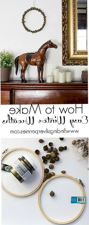 Не нужен большой венок? Вы могли бы сделать милый и маленький. Тот, который был показан на основе результатов, должен быть именно тем, что вам нужно. Чтобы сделать этот милый венок, вам понадобится обруч для вышивания, некоторые желуди, горячий клей, металлическая краска и лента. Нанесите краску на пяльцы и дайте ей высохнуть. Затем начните компоновку и склеивание желудей на поверхность. Затем также красите желуди, используя одну и ту же краску.