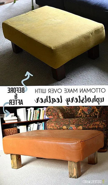 Если вы хотите сделать свою старую оттоманку более элегантной, попробуйте новую обивку из кожи. Для макияжа вам понадобится пена для верхней и боковых сторон, ватин, кожа обивки, нитки и иглы. Вы можете найти описание проекта на сестрах. Измерьте стороны и верхнюю часть оттоманки и разрежьте пенопласт. Сшейте или приклейте его на место. Затем возьмите ватин и прикройте сиденье, сшив его на дно. Тогда вам придется вырезать и шить кожаный чехол.