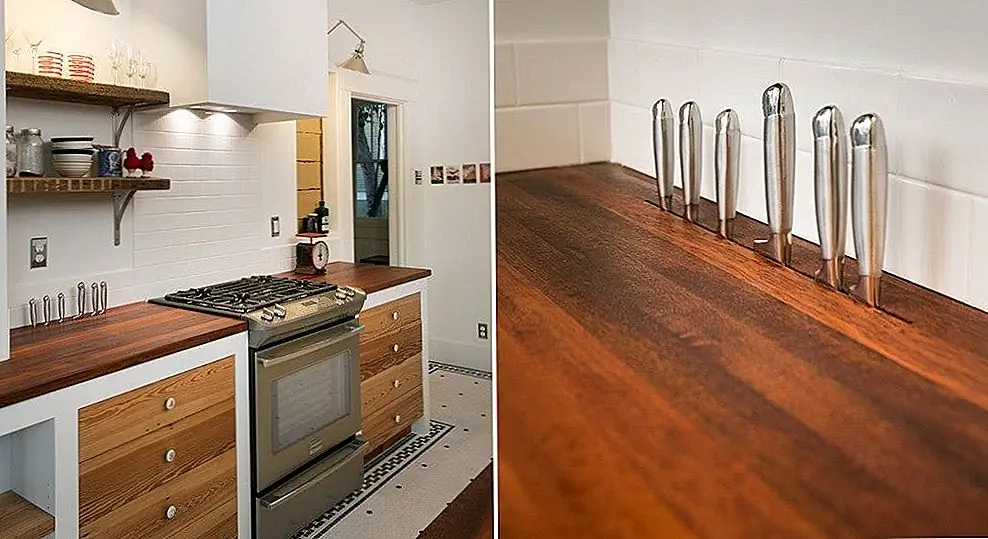 Представленный здесь кухонный счетчик - это работа DeVos Custom Woodworking, а функция, которая больше всего нас интересует, - это встроенная функция хранения ножей. Это в основном просто разрез, разрезанный в стойку, который удерживает нож в безопасности и организован.