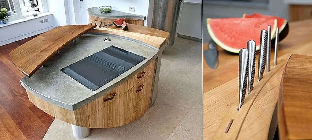 Желательно иметь встроенную стойку для ножей на кухне. Это не только пространство, но и более стильное и чистое, которое подходит для большинства минималистских современных кухонь. {Найден на johnnygrey}.