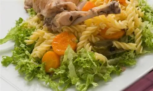 Маринованный кролик с салатом из макарон