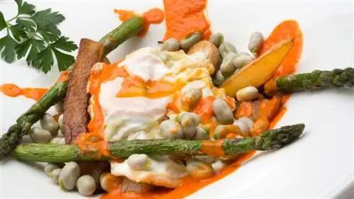 Яичница с картофелем, зеленой спаржей и бобами Яичница с картофелем, зеленой спаржей и бобами