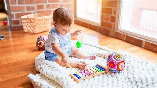 Младенец играет на ксолофоне. Младенец играет на ксолофоне.