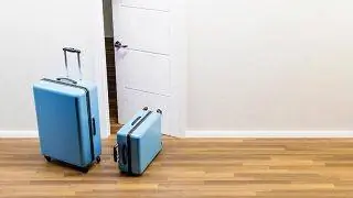 Изображение двух чемоданов, стоящих рядом с входной дверью дома.