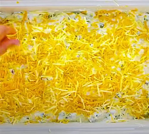 Покройте курицу и сметану соусом Монтерей Джек и сыром Чеддер, чтобы приготовить легкую мексиканскую запеканку