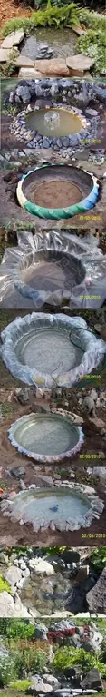 Идеи decoracion de jardin diy: estanque de rueda de трактор, aislante, декоративные камни tapan la rueda y el aislante. Исходные и водные растения дополняют набор