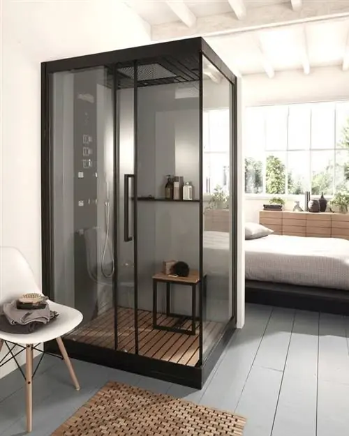 Стеклянная душевая кабина с гидромассажем Gelco Izaro, размеры: 120 x 90 x 218 см (+7 см при поднятом положении), 1 раздвижная дверь на роликах, магнитное закрытие: Да, незащелкиваемые двери: Да, матовая черная отделка профиля, смеситель: 4 термостатических канала, комплектация: насадка «Водопад», насадка для душа XL, 6 гидромассажных форсунок, прямоугольная форма поддона, материал поддона акрил, встроенная душевая колонна, материал душевой колонны стеклянный, решетчатый пол из негниющего термопластика, акриловое покрытие, одно сиденье, встроенное хранилище с полкой, гарантия.: 2 года, 1549 евро, Касторама.