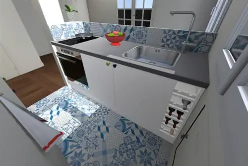"3D-план кухни с барной стойкой и цементной плиткой - архитектор Шарлотта Суассон Ленорман и декоратор Валери Лапорт Волатье "3D-план кухни с барной стойкой и цементной плиткой - архитектор Шарлотта Суассон Ленорман и декоратор Валери Лапорт Волатье
