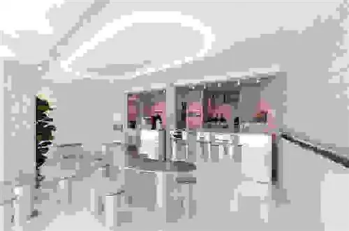 ImageBlub Studio DLF Modern Dining Room Interior, Alluminum, Waffle Shop, Blub, Stuttgart, дизайн интерьера, дизайн, эксклюзивный дизайн, коммерческий интерьер, коммерческий, интерьер, барные стулья, акустические панели