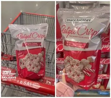 Бок о бок чипсы из кренделя с мятой и перечной мятой из белого шоколада от Costco.