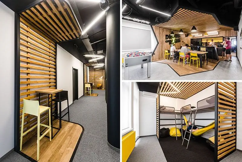 Mode:lina architekci недавно завершила строительство нового офиса во Вроцлаве, Польша, для технологической компании Droids On Roids. Дизайн офиса черпает вдохновение из их логотипа, а во всем пространстве есть отсылки к цвету и молнии