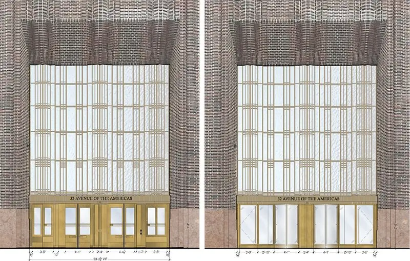 Существующие условия (слева) и предлагаемые изменения (справа) на 32 Avenue of the Americas, Elevation на 6th Avenue - Rudin Management Company, Fogarty Finger Существующие условия (слева) и предлагаемые изменения (справа) на 32 Avenue of the Americas, Elevation на 6th Avenue - Rudin Management Company, Fogarty Finger