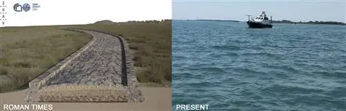 Рендеринг римской дороги (слева) в проливе Трепорти Венецианской лагуны, сделанный на основе многолучевых данных, и тот же участок, который сейчас находится под водой. Рендеринг римской дороги (слева) в проливе Трепорти Венецианской лагуны, сделанный на основе многолучевых данных, и тот же участок, который сейчас находится под водой.