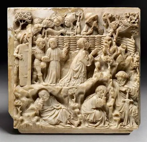 «Агония в саду» (около 1430–1440 гг.) мастера Римини, одного из выдающихся континентальных скульпторов резьбы по алебастру. «Агония в саду» (около 1430–1440 гг.) мастера Римини, одного из выдающихся континентальных скульпторов резьбы по алебастру.