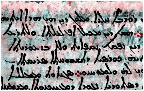 Мультиспектральное изображение страницы Codex Climaci Rescriptus, показывающее стертый греческий текст красным цветом под сирийским текстом черным цветом. Мультиспектральное изображение страницы Codex Climaci Rescriptus, показывающее стертый греческий текст красным цветом под сирийским текстом черным цветом.