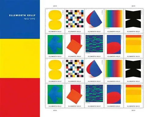 Новая серия марок USPS с работами Эллсуорта Келли, включая Spectrum I (1953 г.), Blue Red Rocker (1963 г.) и Orange Red Relief (для Дельфины Сейриг) (1990 г.) USPS Новая серия марок USPS с работами Эллсуорта Келли, включая Spectrum I (1953 г.), Blue Red Rocker (1963 г.) и Orange Red Relief (для Дельфины Сейриг) (1990 г.) USPS